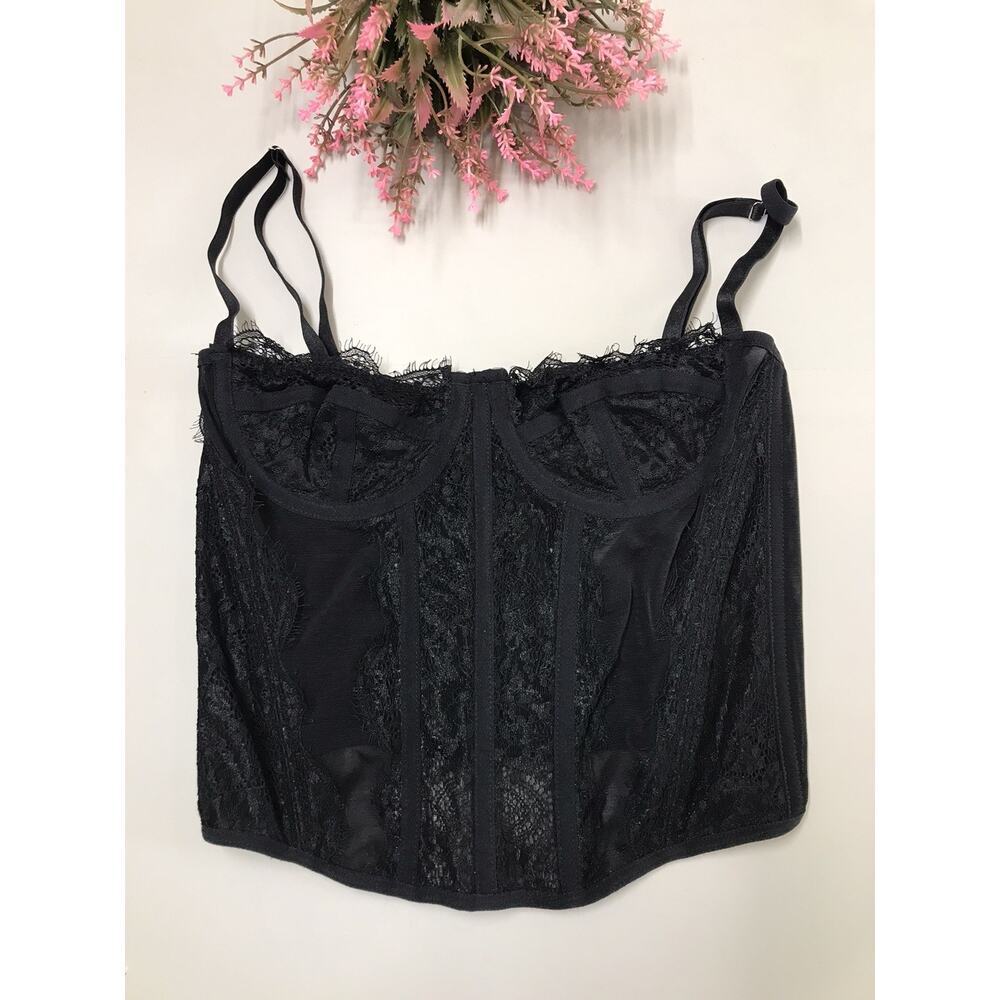 Dealmore Black Coquette Lace Corset Bustier Top Adjustable Straps Sheer Mesh XS